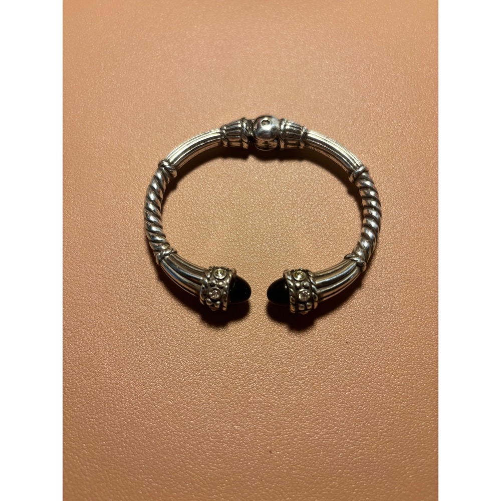 Silver Tone Cable Cuff Bracelet Black Cabochon Rhinestone Hinged Twisted Rope